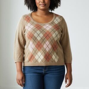 Fiona 100% 2-ply Cashmere size xl 3/4 sleeve sweater Argyle plaid pink brown top